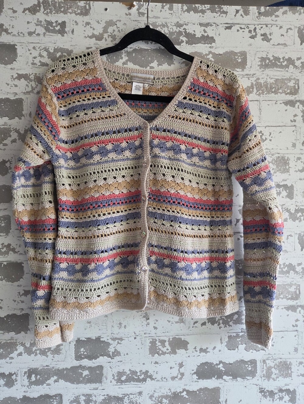 ​Coldwater Creek Crochet Cardigan Sweater Petite PP Ramie Cotton Multi Knit BoHo